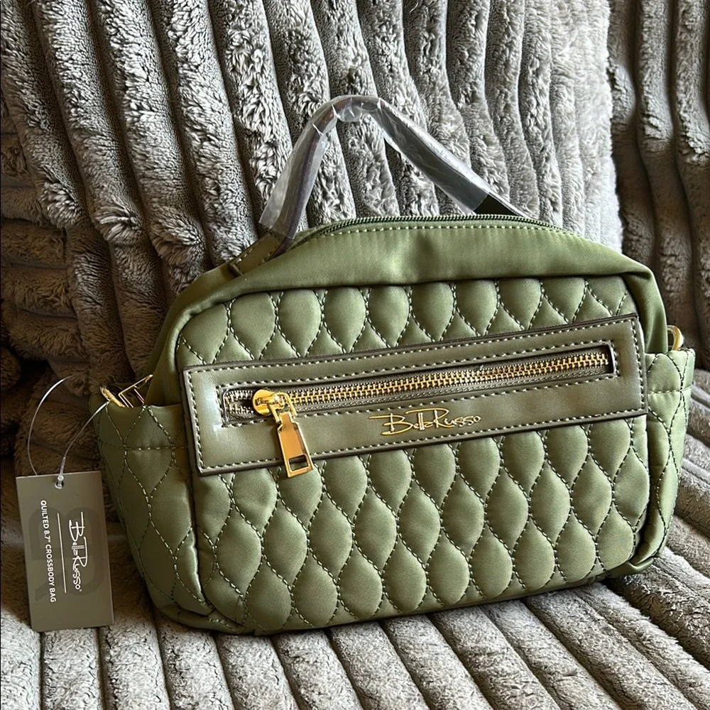Bella Russo NWT Quilted 8.7” Crossbody Clutch Bag Olive Green Purse - Picture 2 of 7